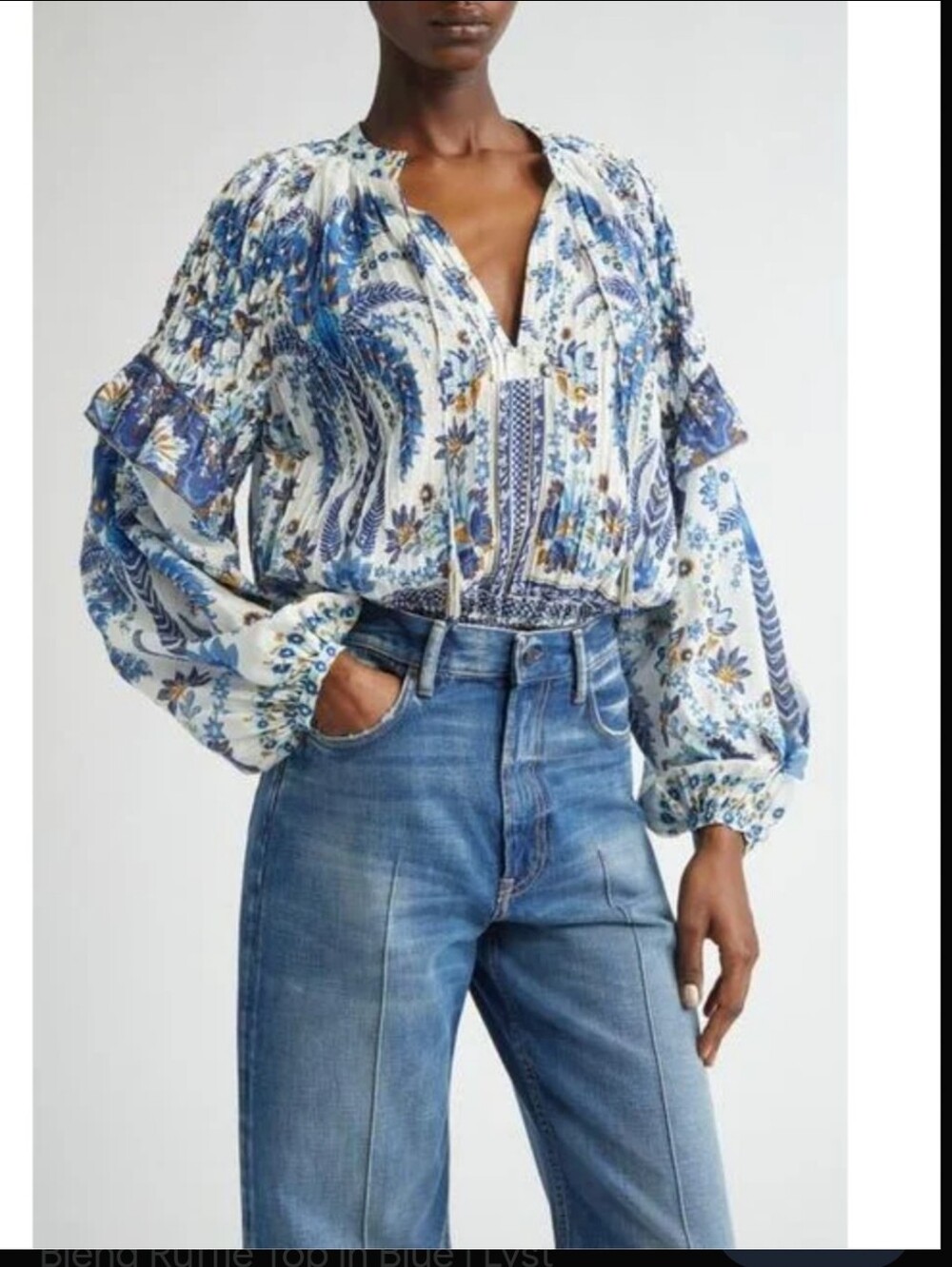 Farm Rio Ana Blue Tropical Beaded Balloon Sleeve Peasant Blouse Size Small